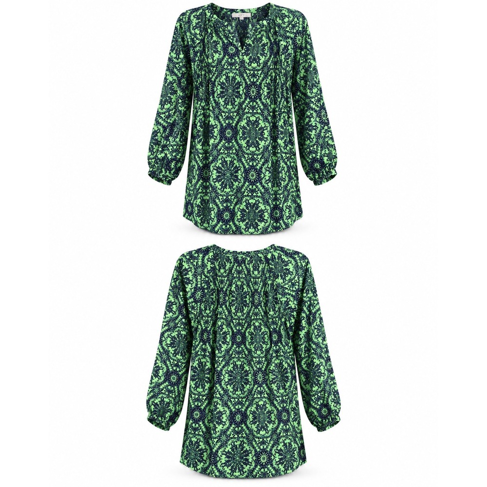 Loft Dress L Green Navy Blue Damask Medallion Pintuck Dolman Sleeve Mini Shift